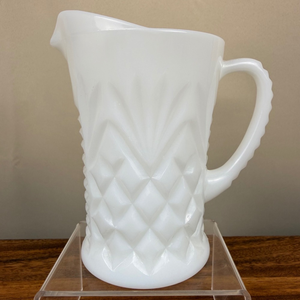 Anchor Hocking Milk Glass Pitcher Pineapple Pattern White Vtg Mid Century 6in